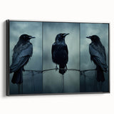 Framed canvas wall art showcasing a striking design of a crow and raven, presented in a sleek black frame, perfect for enhancing modern interior decor.