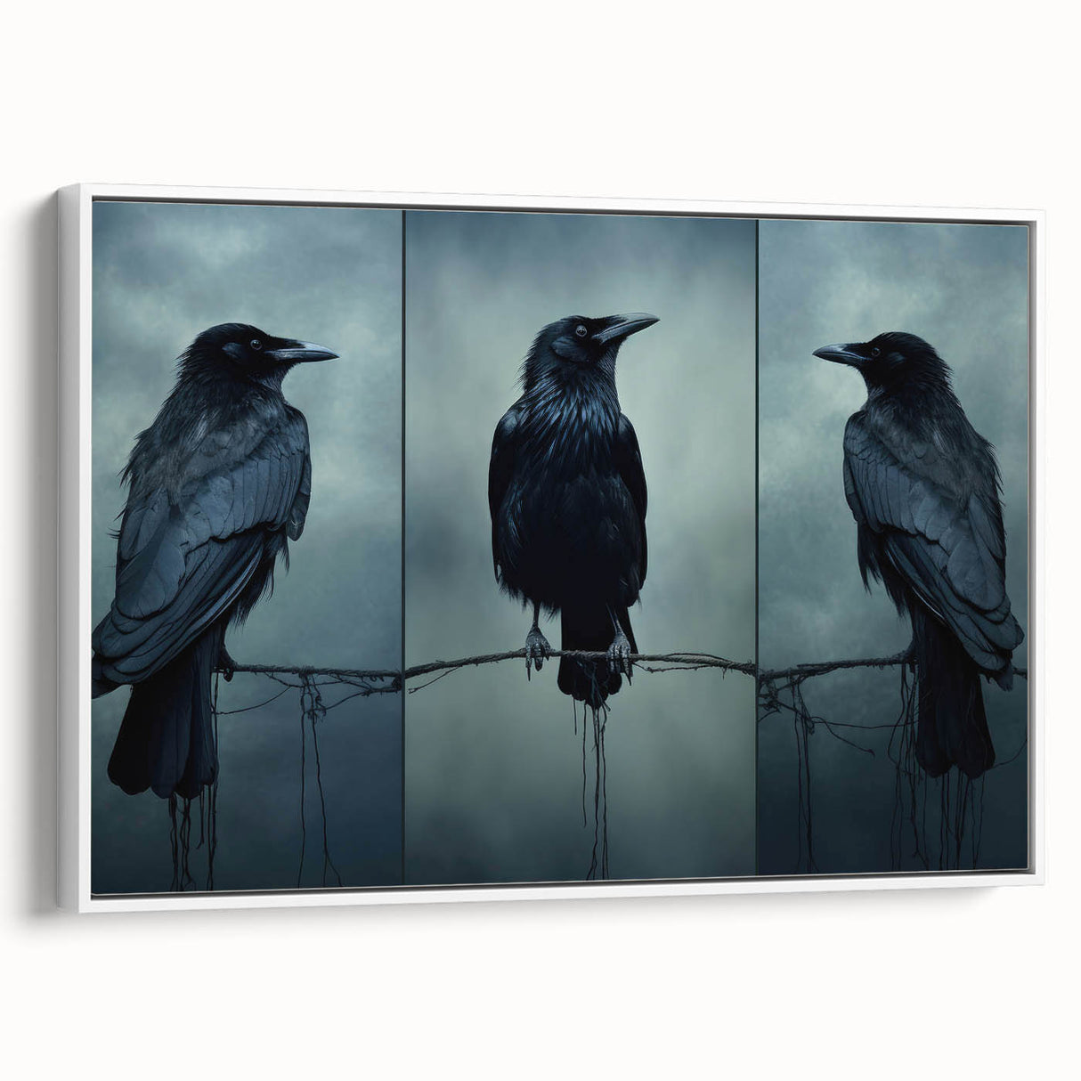 Framed canvas wall art showcasing a striking design of a crow and raven in vibrant colors against a white background, perfect for modern home decor.