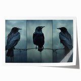 Artistic rolled print showcasing a striking black crow and raven design, featuring intricate details on a textured background, ideal for modern home decor.