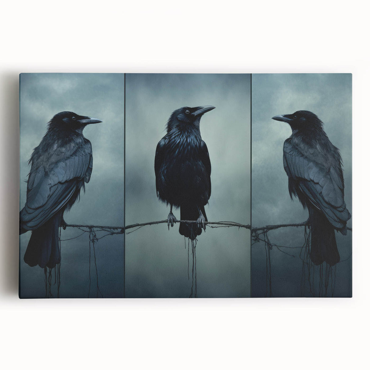 Close-up of a stretched canvas wall art featuring a striking design of a crow and raven, showcasing intricate details and bold colors, perfect for modern decor.