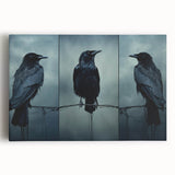 Close-up of a stretched canvas wall art featuring a striking design of a crow and raven, showcasing intricate details and bold colors, perfect for modern decor.
