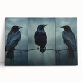 Stretched canvas wall art featuring a striking design of black crows and ravens in a minimalist style, perfect for modern decor and bird enthusiasts.