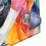 Close-up view of a vibrant acrylic glass wall art piece showcasing a striking design of a crow and raven, featuring intricate details and bold colors, perfect for modern decor.
