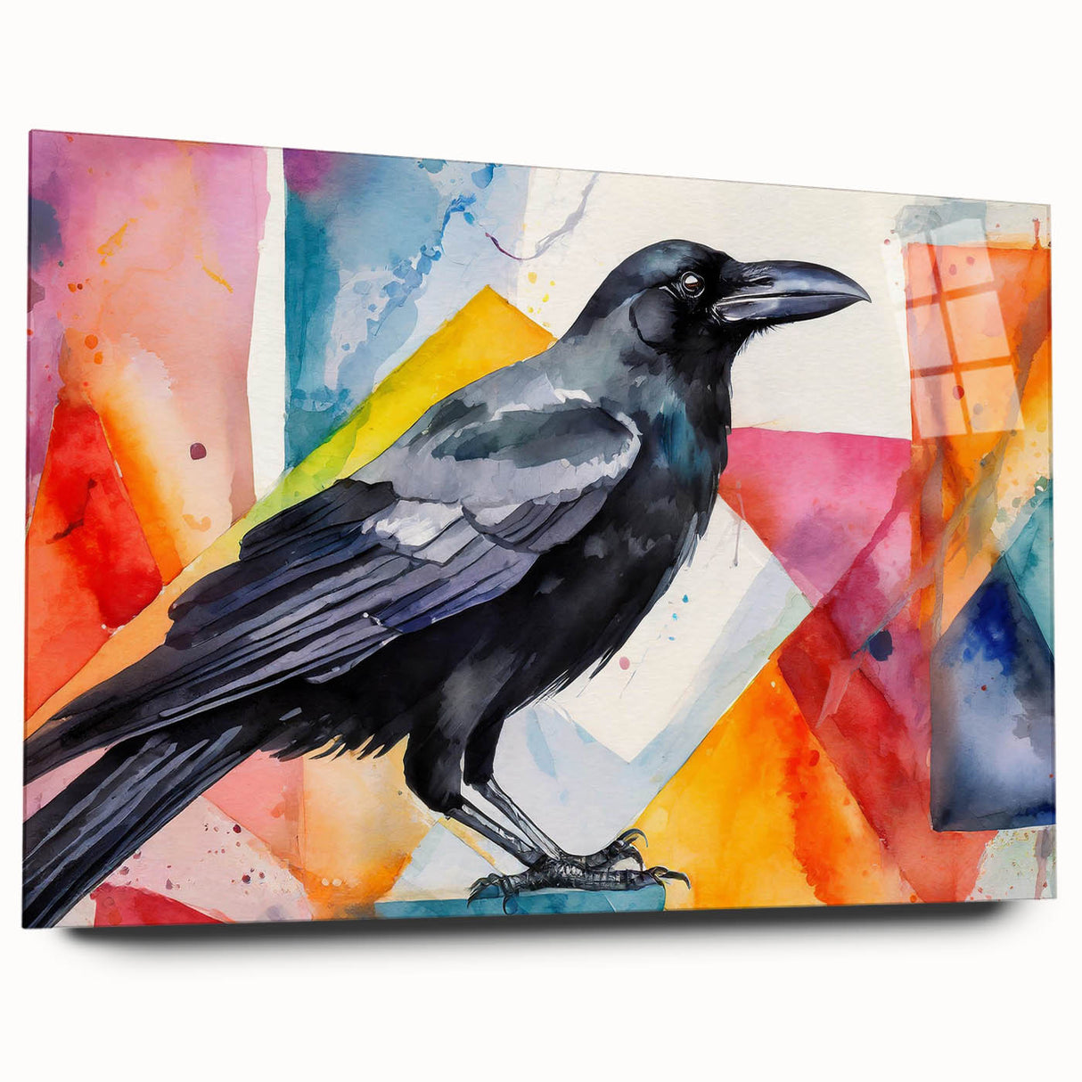 Close-up of a stunning wall art collection featuring a crow and raven design on acrylic glass, showcasing intricate details and vibrant colors, ideal for modern decor.