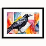 Framed wall art featuring a striking design of crows and ravens, set in a sleek black frame with matting, ideal for enhancing modern home decor.