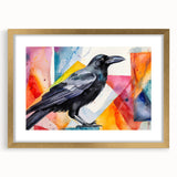 Framed wall art showcasing a crow and raven design with a gold mat, emphasizing intricate details and elegant presentation in a modern decor setting.