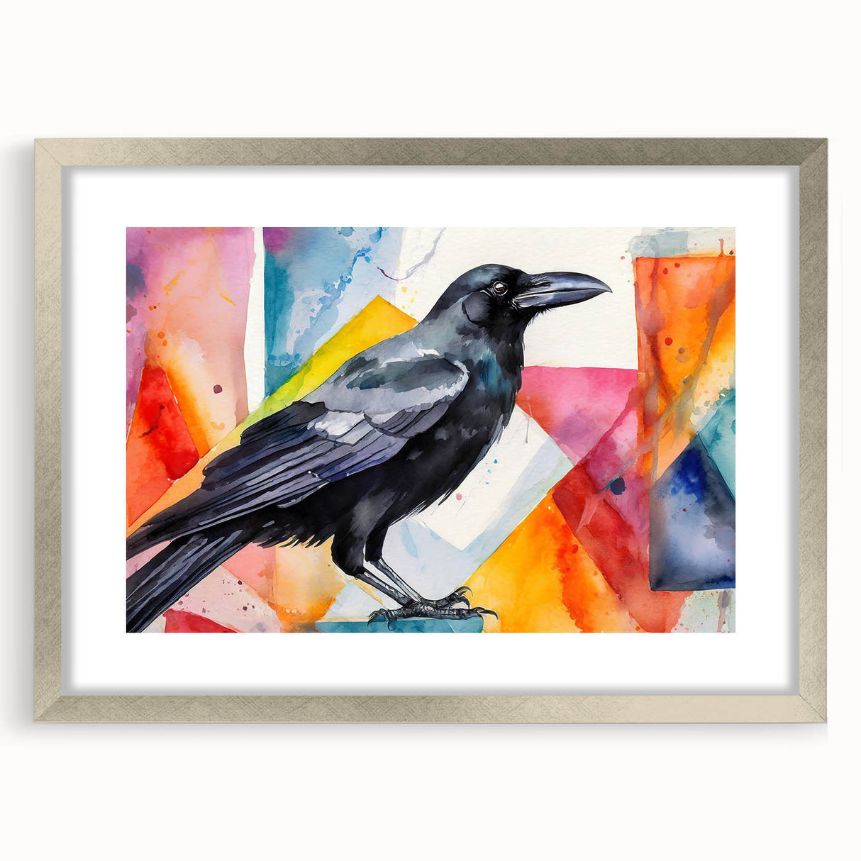 Framed wall art featuring a crow and raven design, elegantly displayed with a silver mat, adding a modern touch to home decor. Perfect for bird lovers and nature enthusiasts.