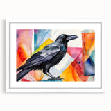 Framed wall art design featuring a crow and raven in a minimalist style, set against a white background with a sleek mat, perfect for modern home decor.