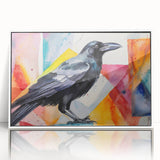 Framed wall art featuring a striking design of a crow and raven, showcased in a sleek white frame against a minimalist background, perfect for modern decor.