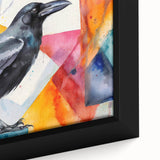 Close-up of a framed canvas wall art collection featuring a detailed design of a crow and raven, showcasing intricate textures and dark hues, perfect for nature enthusiasts.