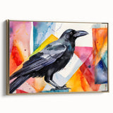 Framed canvas wall art featuring a crow and raven design, elegantly displayed in a gold frame, showcasing intricate details and vibrant colors, perfect for home decor.