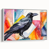 Framed canvas wall art featuring a striking design of a crow and raven, showcasing intricate details and a white frame, ideal for modern decor.