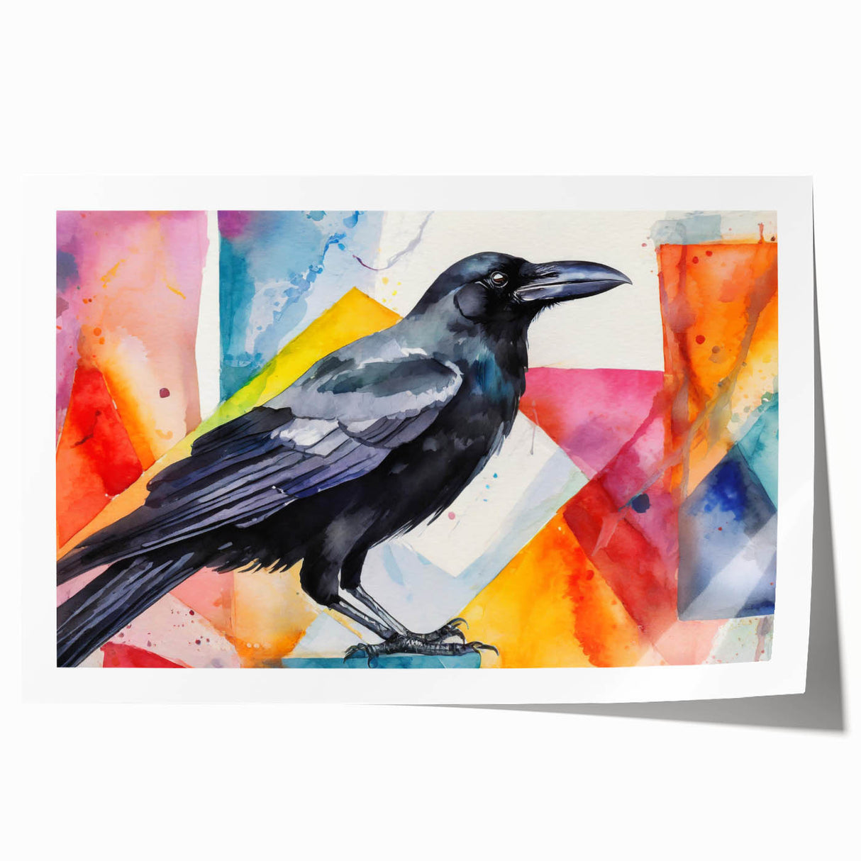 Artistic rolled print depicting a striking design of a crow and raven, showcasing intricate details and bold black and white contrasts, perfect for home decor.