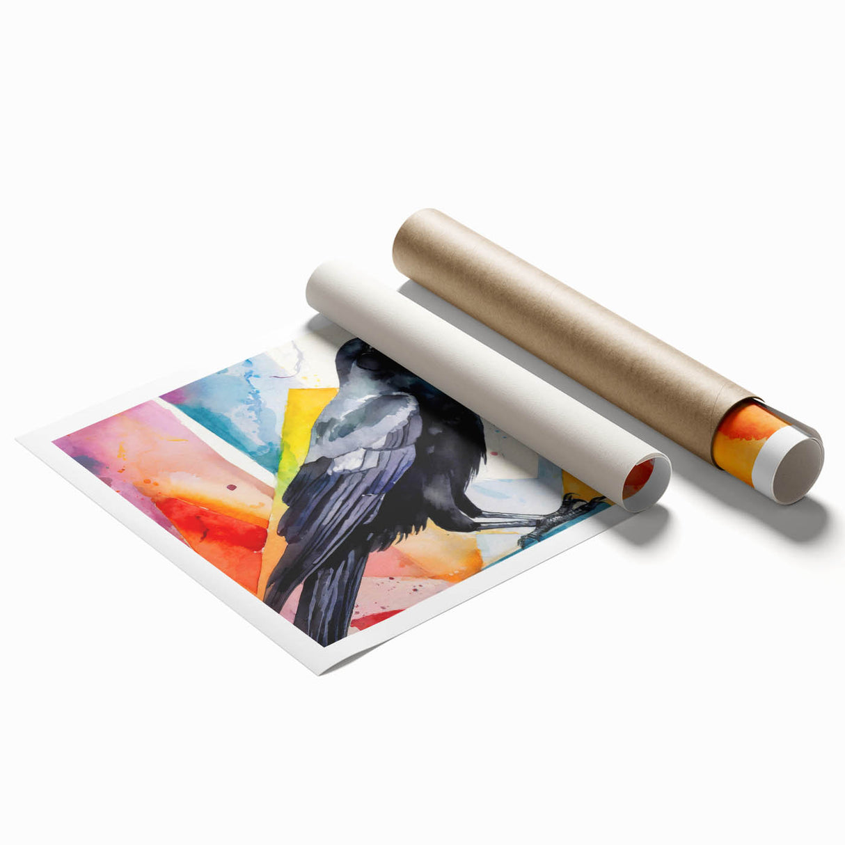 Artful design showcasing a crow and raven in a minimalist style, printed on high-quality paper. This rolled wall art adds a touch of elegance to any space.
