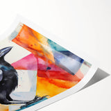 Artistic rolled print showcasing a detailed design of a crow and raven, featuring intricate patterns and bold colors, perfect for enhancing modern home decor.