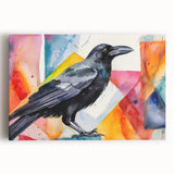 Stretched canvas wall art featuring a detailed design of a crow and raven, showcasing intricate black and white illustrations against a vibrant background, perfect for nature enthusiasts and home decor.