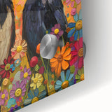 Close-up view of a crow and raven wall art design printed on acrylic glass, showcasing intricate details and vibrant colors, ideal for modern home decor.