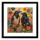 Black-framed wall art showcasing a striking design of a crow and raven, set against a minimalist background, perfect for adding a touch of elegance to home decor.