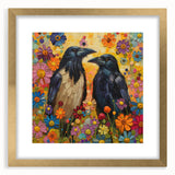 Framed wall art featuring a crow and raven design, elegantly matted with a gold frame, showcasing intricate details and a stylish aesthetic for modern decor.
