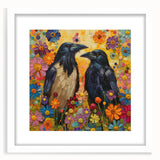 Framed wall art featuring intricate crow and raven designs in a minimalist style, set against a white mat, perfect for modern home decor.