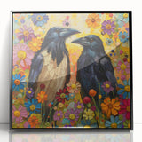 Framed wall art showcasing a striking design of a crow and raven on a black background, perfect for bird lovers and modern decor enthusiasts, adding a unique touch to any space.