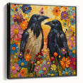 Framed wall art collection featuring a striking design of a crow and raven, displayed from a side view against a neutral backdrop, emphasizing intricate details and bold colors.