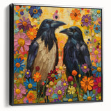 Framed wall art collection featuring a striking design of a crow and raven, displayed from a side view against a neutral backdrop, emphasizing intricate details and bold colors.