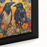 Close-up of a framed canvas wall art featuring a detailed design of a crow and raven, showcasing intricate textures and vibrant colors, perfect for nature lovers' decor.
