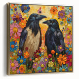 Framed wall art featuring a detailed design of crows and ravens, showcasing intricate black birds against a gold background, perfect for adding a touch of elegance to any space.