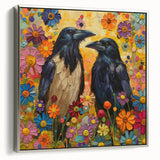 Framed canvas wall art featuring a crow and raven design, showcasing intricate details and a silver frame, perfect for adding a touch of elegance to home decor.