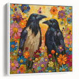 Framed canvas wall art showcasing a crow and raven design in a minimalist white frame, set against a clean background, ideal for modern decor enthusiasts.