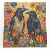 Stretched canvas artwork showcasing a striking design of a crow and raven perched on intertwined branches, highlighting intricate details in black and gray hues, perfect for nature-themed decor.