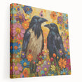 Stretched canvas wall art showcasing a striking design of a crow and raven in a moody color palette, ideal for enhancing modern home decor.