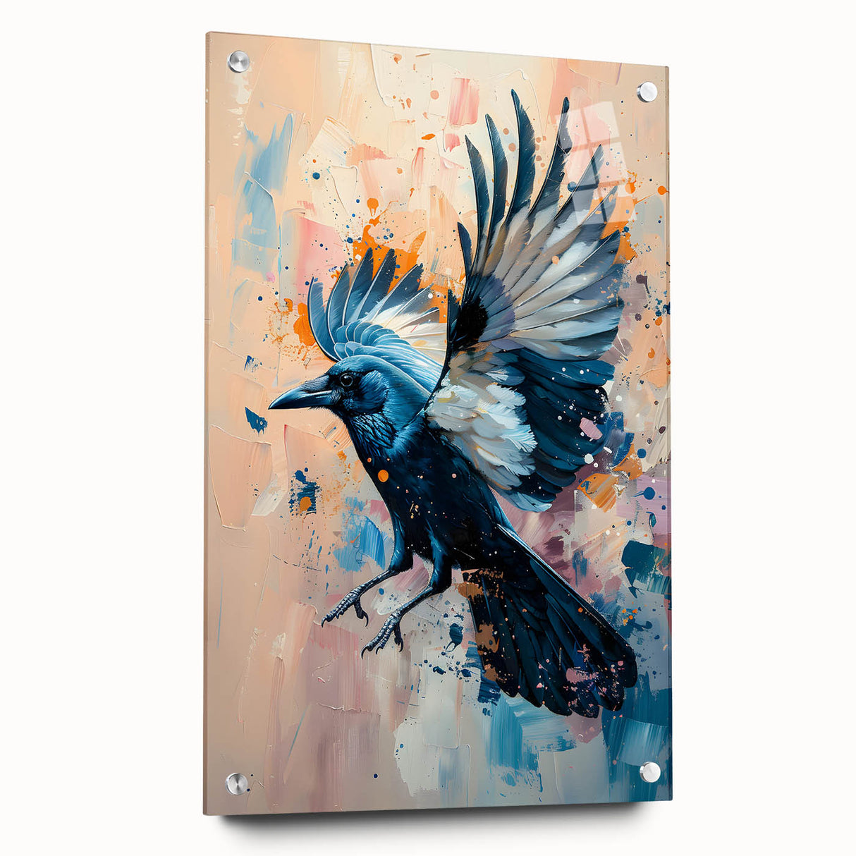 Acrylic wall art collection showcasing a striking design of crows and ravens, displayed in a side view with decorative pins, ideal for enhancing modern decor.