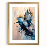 Gold-framed wall art featuring a detailed design of a crow and raven, showcasing intricate patterns and textures, ideal for enhancing home decor with a nature theme.