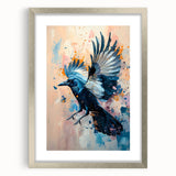 Framed wall art collection showcasing a striking design of a crow and raven in silver tones, perfect for modern decor. The artwork is elegantly matted, enhancing its visual appeal.