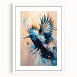 Framed wall art featuring a stunning design of a crow and raven, showcasing intricate details against a white mat, perfect for enhancing home decor aesthetics.