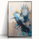 Framed acrylic wall art featuring a stunning design of a crow and raven, set against a silver background, ideal for modern home decor enthusiasts.