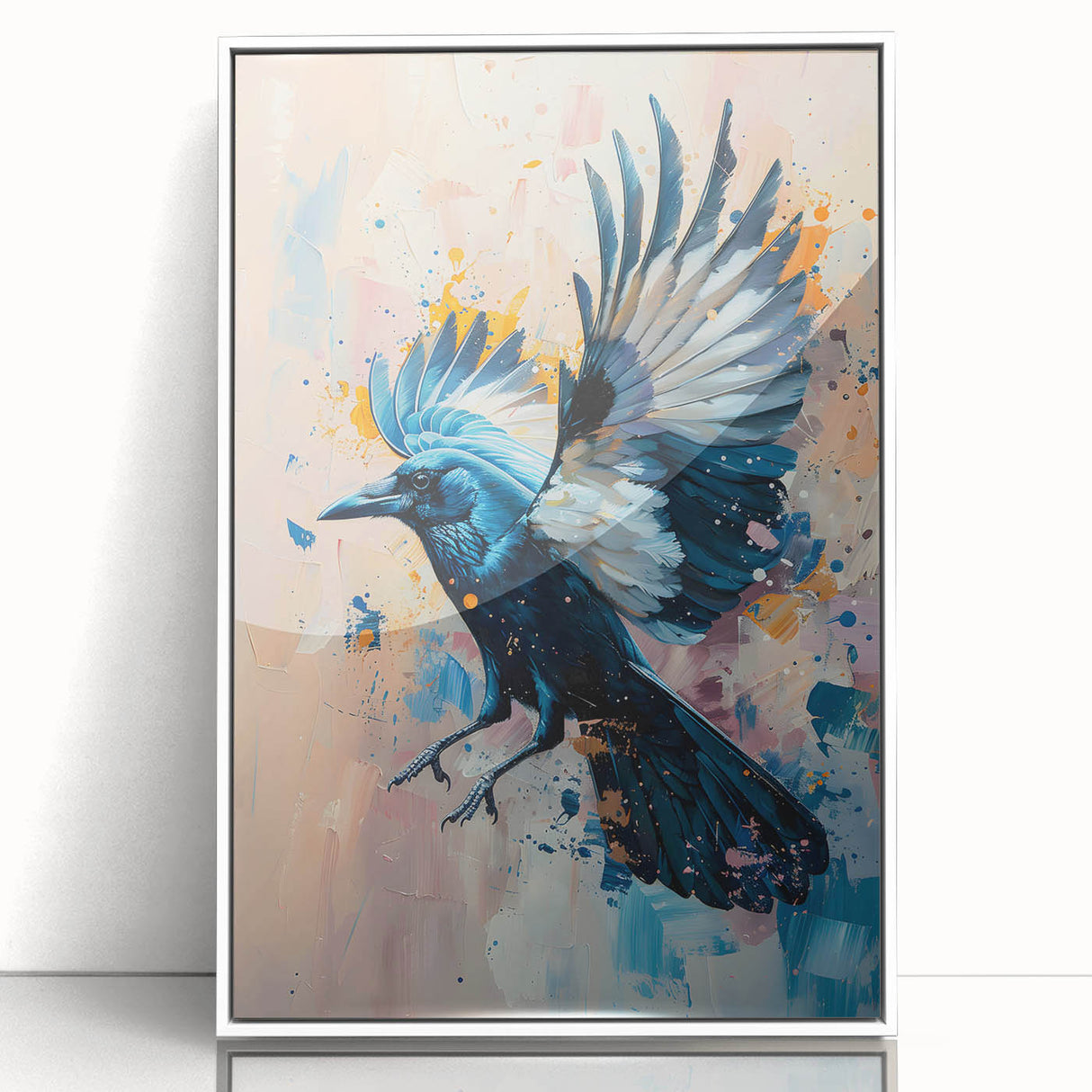 Framed wall art featuring a striking design of a crow and raven in a minimalist style, set against a white background, perfect for enhancing modern decor.