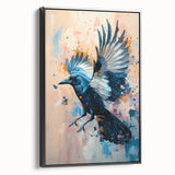 Framed canvas wall art showcasing a crow and raven design in black tones, presenting a stylish side view. Ideal for modern decor and bird enthusiasts.