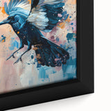 Close-up of a framed canvas wall art featuring a detailed design of crows and ravens, showcasing intricate textures and rich colors, perfect for bird lovers.