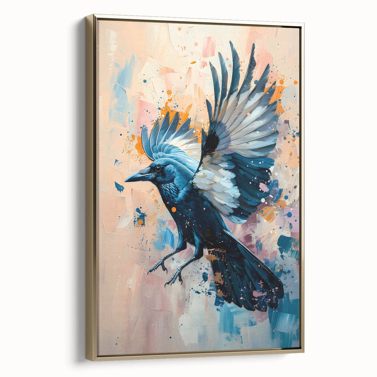 Framed wall art featuring a striking design of a crow and raven, elegantly displayed with a gold frame, showcasing intricate details and vibrant colors. This artwork adds a sophisticated touch to modern decor, perfect for nature lovers and art enthusiasts.