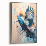Framed wall art featuring a striking design of a crow and raven, set against a silver background, showcasing intricate details and textures in a modern decor style.