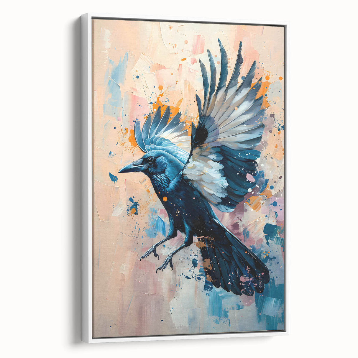 Framed wall art featuring a crow and raven design on a textured canvas, set against a white background, ideal for modern home decor and bird enthusiasts.