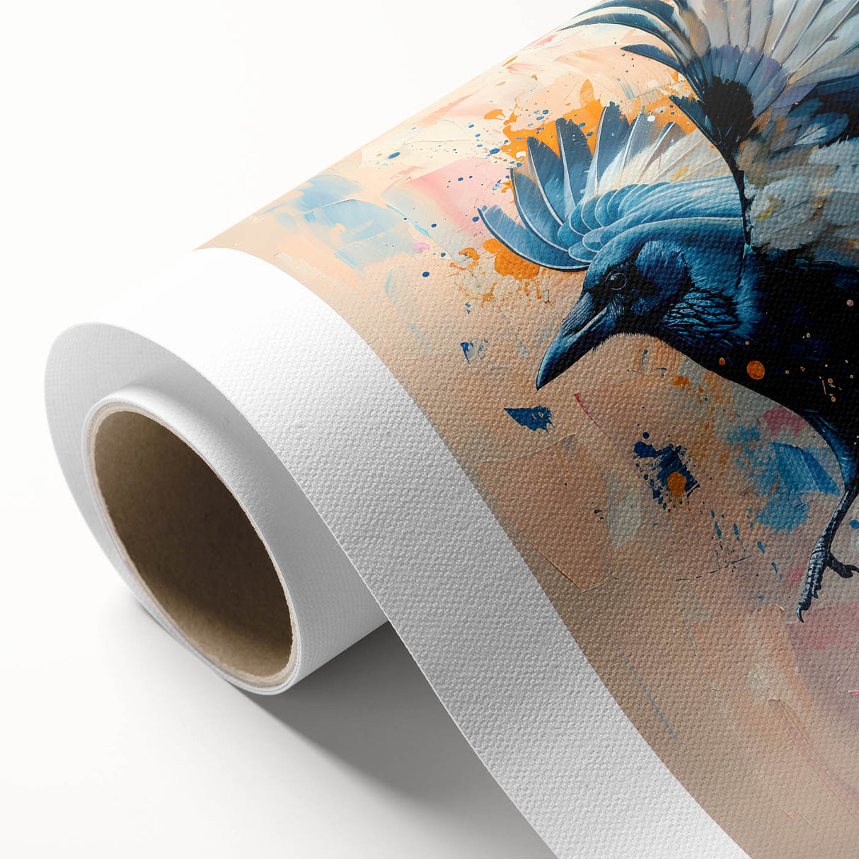 Rolled canvas art featuring a detailed design of a crow and raven, showcasing intricate patterns in dark tones, perfect for enhancing modern decor.