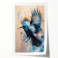 Black crow and raven wall art print showcasing intricate designs, featuring detailed feathers and vibrant colors, rolled for easy display and shipping.