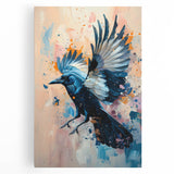 Stretched canvas wall art depicting a striking design of a crow and raven, showcasing intricate details and a dark color palette, perfect for modern decor.