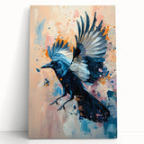Stretched canvas wall art showcasing a striking design of crows and ravens, featuring bold black and gray colors against a textured background, ideal for modern decor.