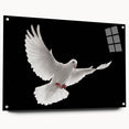 Acrylic wall art featuring a side view of a dove design, showcasing vibrant colors and intricate details, displayed with pins for an elegant presentation. Ideal for modern home decor.