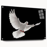 Acrylic wall art featuring a side view of a dove design, showcasing vibrant colors and intricate details, displayed with pins for an elegant presentation. Ideal for modern home decor.